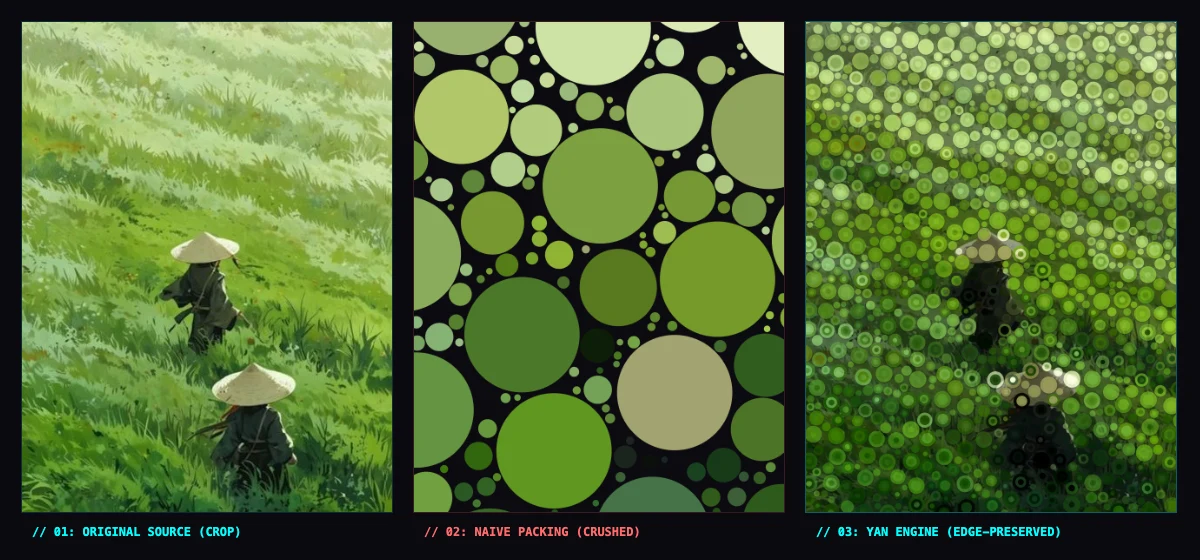 Circle Packing Visual Comparison: Original vs Naive vs Yan Engine