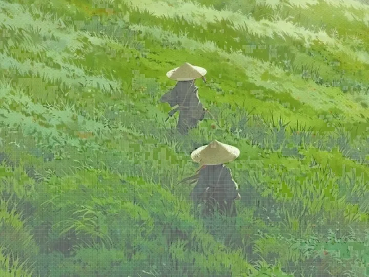 키 큰 풀숲을 걸어가는 두 삿갓 나그네의 클로즈업 크롭, Typeblocks 필터 적용 후 — 묵직한 솔리드 유니코드 블록 문자로 재구성