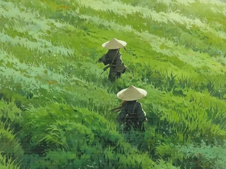 키 큰 풀숲을 걸어가는 두 삿갓 나그네의 클로즈업 크롭, Dot Cells 필터 적용 후 — 2×4 점자(Braille) 도트 셀 렌더링