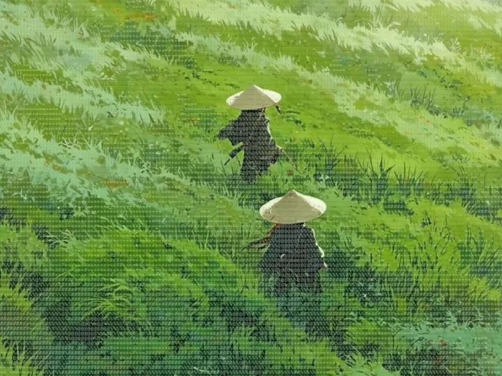 키 큰 풀숲을 걸어가는 두 삿갓 나그네의 클로즈업 크롭, Glyphfield 필터 적용 후 — 컬러 ASCII 텍스트 문자로 재구성된 매트릭스