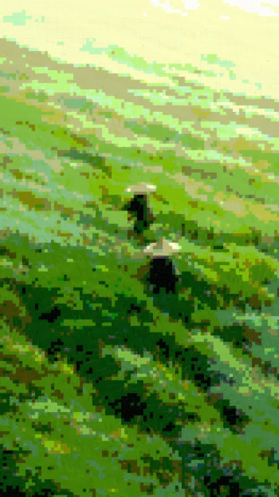 Illustration of two travellers in straw hats crossing a wind-swept grassy hillside, after the Pixel Crush filter — crushed into 8-bit pixel blocks