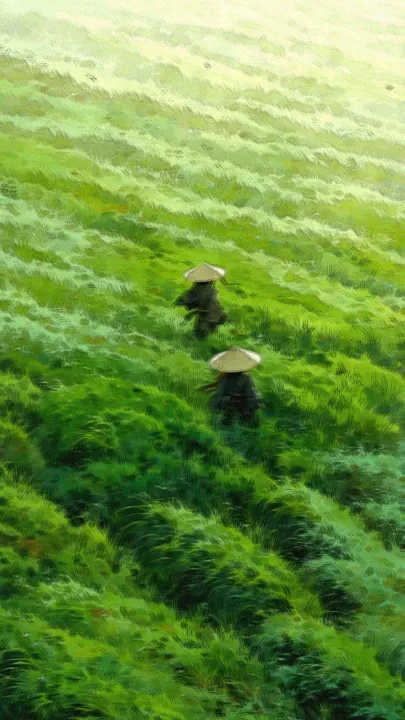 바람에 흩날리는 풀밭 언덕을 건너는 삿갓을 쓴 두 나그네의 일러스트, Watercolor 필터 적용 후 — 부드러운 수채화 번짐과 잉크 삼투 테두리