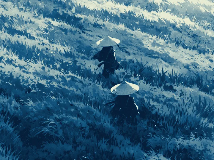 키 큰 풀숲을 걸어가는 두 삿갓 나그네의 클로즈업 크롭, Cyanotype 필터 적용 후 — 프러시안 블루의 19세기 클래식 청사진 인화