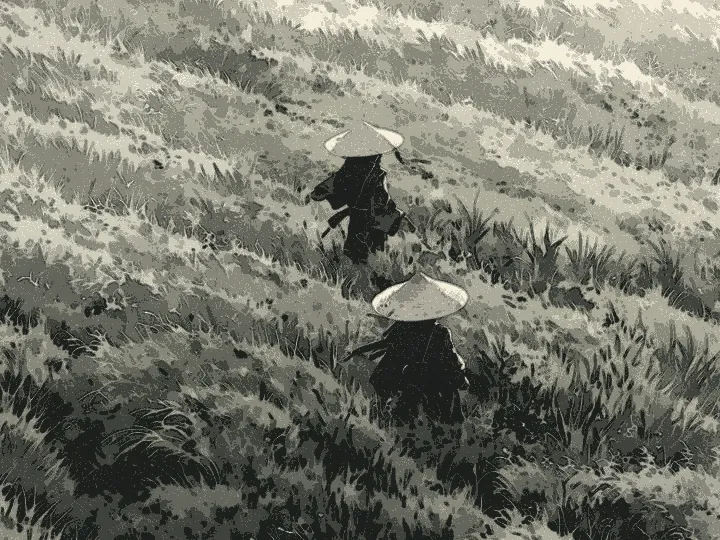 키 큰 풀숲을 걸어가는 두 삿갓 나그네의 클로즈업 크롭, Ink Wash 필터 적용 후 — 단색 수묵화의 농담과 먹물 계조