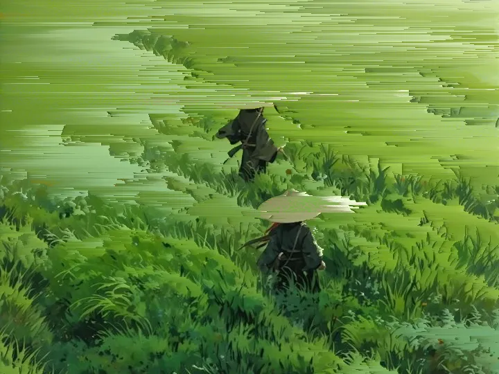 키 큰 풀숲을 걸어가는 두 삿갓 나그네의 클로즈업 크롭, Pixel Sort 필터 적용 후 — 가로 방향 휘도 정렬로 빚어낸 색상 줄기