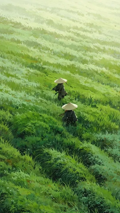 바람에 흩날리는 풀밭 언덕을 건너는 삿갓을 쓴 두 나그네의 일러스트 — 필터 적용 전 원본 이미지