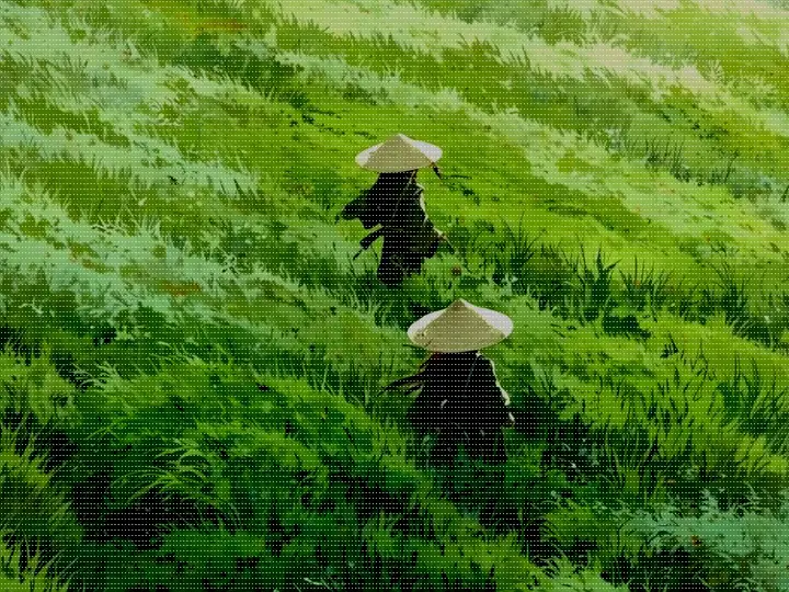 키 큰 풀숲을 걸어가는 두 삿갓 나그네의 클로즈업 크롭, Stipple 필터 적용 후 — 가변 반경을 가진 점묘화 스티플링 도트