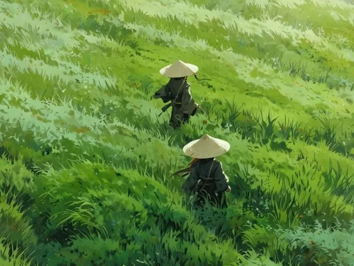 키 큰 풀숲을 걸어가는 두 삿갓 나그네의 클로즈업 크롭 — 필터 적용 전 원본 이미지