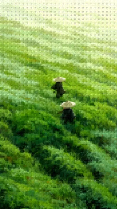 Illustration of two travellers in straw hats crossing a wind-swept grassy hillside, after the Studwork filter — toy-brick studs