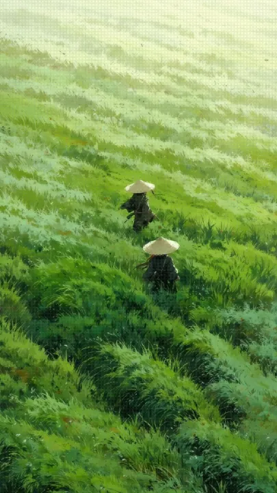 Illustration of two travellers in straw hats crossing a wind-swept grassy hillside, after the Tessera filter — square mosaic tiles