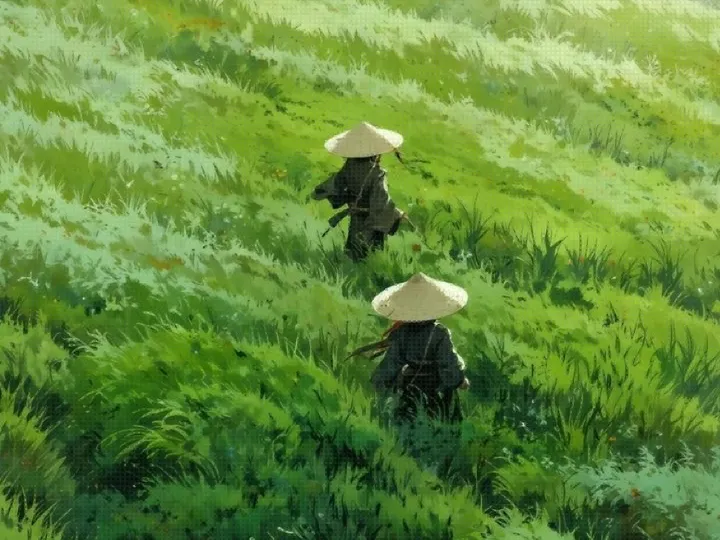Close crop of the two straw-hat travellers walking through tall green grass, after the Tessera filter — square mosaic tiles