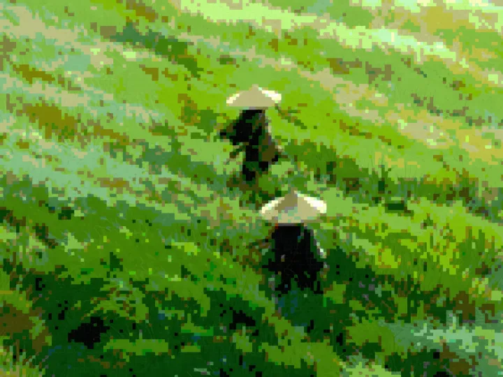 Close crop of the two straw-hat travellers walking through tall green grass, after the Pixel Crush filter — crushed into 8-bit pixel blocks