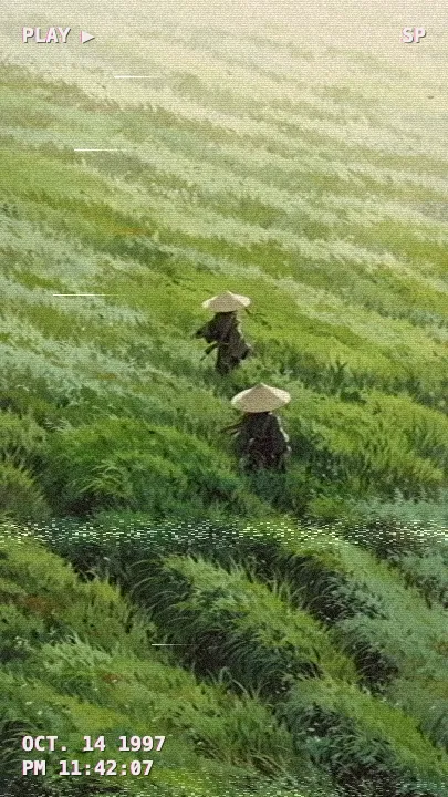 Illustration of two travellers in straw hats crossing a wind-swept grassy hillside, after the VHS Tape filter — tape colour bleed, tracking noise and a camcorder timestamp