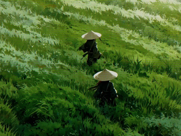Close crop of the two straw-hat travellers walking through tall green grass, after the CRT Scanlines filter — scanlines, RGB colour fringing and phosphor glow
