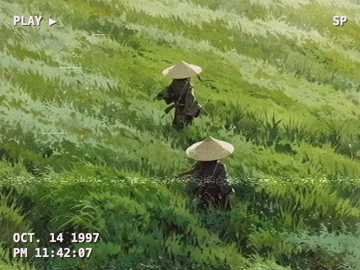 Close crop of the two straw-hat travellers walking through tall green grass, after the VHS Tape filter — tape colour bleed, tracking noise and a camcorder timestamp